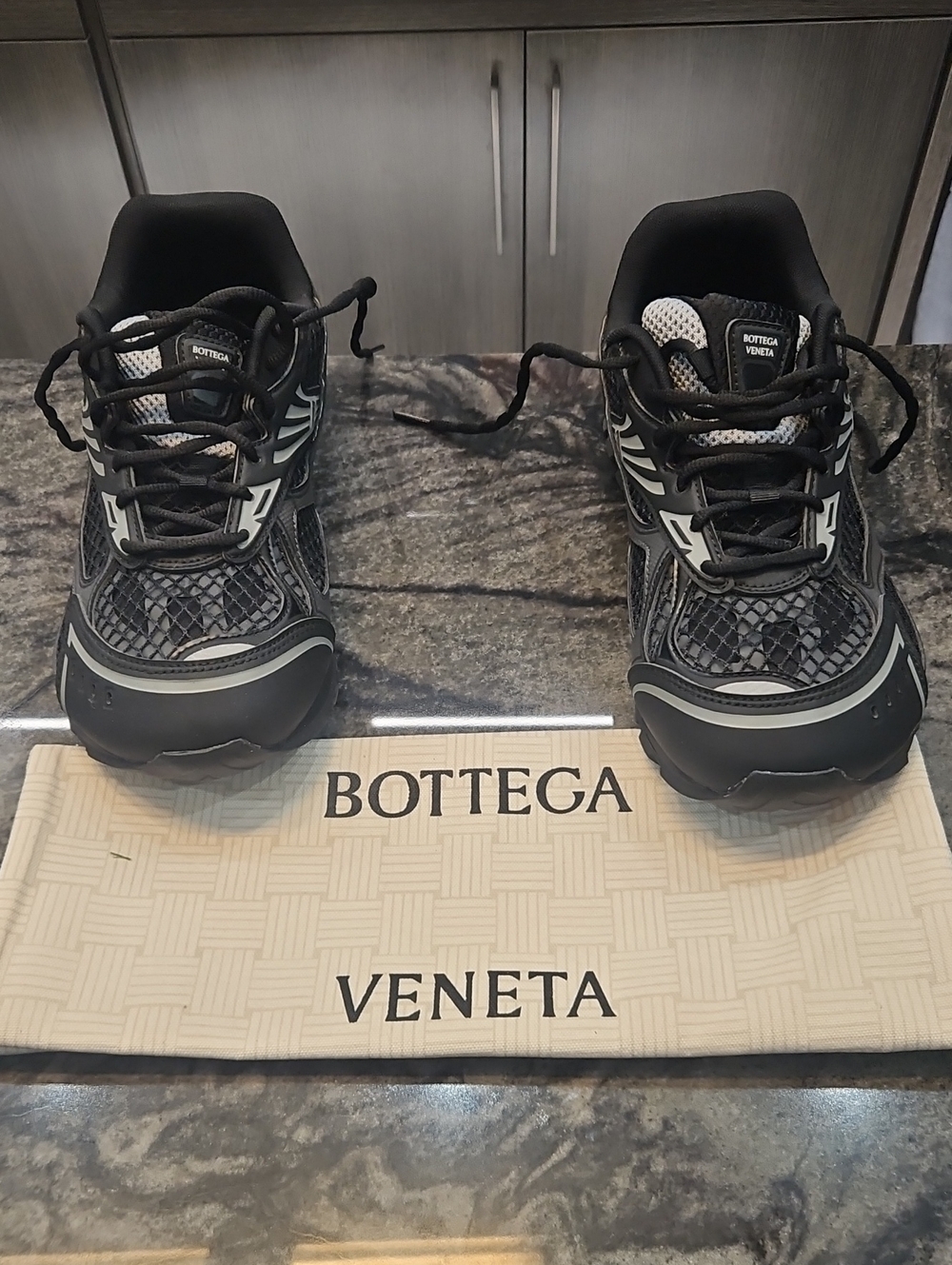 Bottega Veneta Black and Gray Men's Mesh Lace-Up Sneakers